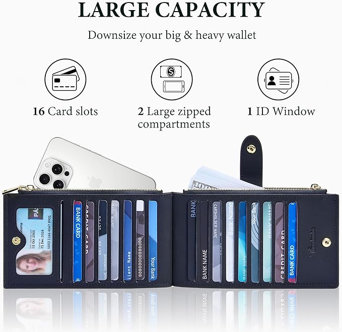 Travelambo Womens Leather Bifold Wallet, Slim RFID Blocking Card Holder | Large Capacity, 16 Card Slots & ID Window, 2 Zipper Pockets, Dual Snap Closure, Slim Lightweight, RFID Privacy Protection