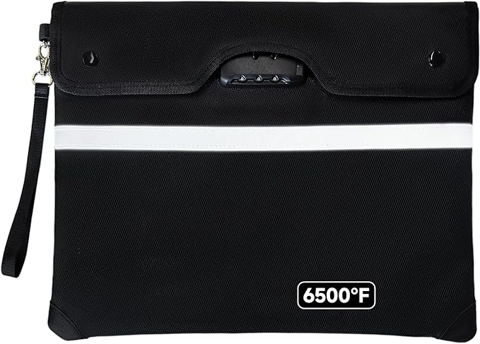 Upgraded 6500°F Fireproof Document Bag with Lock, Waterproof 9-Layer Heat Insulated | Dual-Liner Card Slot Money Bag with Zipper/Reflective Strip for Passport, Important Paper, Cash(15 x 12In)