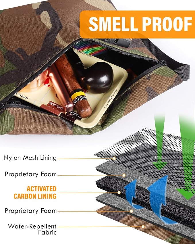 Smell Proof Bag, Odor Proof Bag with Combination Lock, Durable Smell Proof Container with Carbon Lining, Secure Odorless Travel Pouch for Home & On-the-Go (Camouflage)