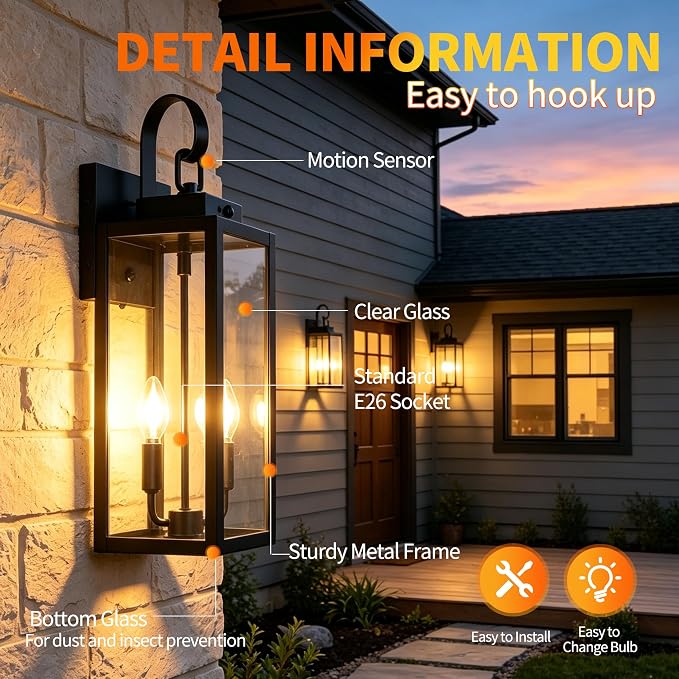 20 Inch Motion Sensor Dawn to Dusk Outdoor Sensor Light Fixture Anti-Rust Exterior Wall Lighting Waterproof Outdoor Wall Lantern for Porch Patio Front Door Garage - 2 Pack