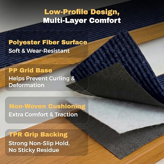 MBIGM Carpet Stair Treads for Wooden Steps, 15 Pack, 8" x 30", Navy Stripe | Four-layer polyester carpet with PP grid base, nonwoven cushion and TPR adhesive backing adds indoor traction and comfort
