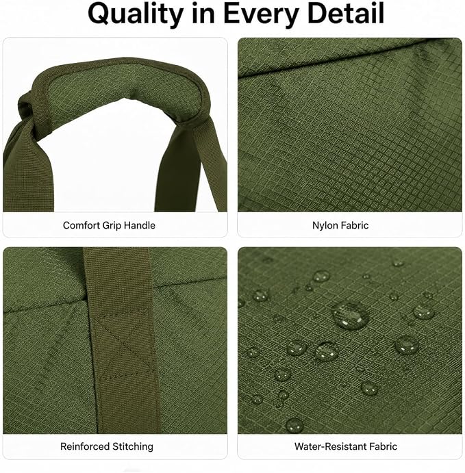 Foldable Travel Duffle Bag with Trolley Sleeve 40L Capacity, Lightweight Packable Travel Duffel Bags with the Keyhole Zipper, Weekender Overnight Nylon Carry on Bag for Men & Women, Army Green
