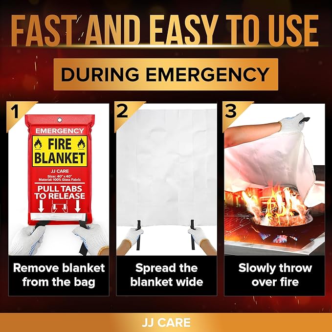 JJ CARE Fire Blanket – (Large) 4.9x4.9ft with Hooks & Gloves, Fire Blankets Emergency for Home and Kitchen, High Heat Resistant and Flame Protection for Kitchen, Car, Office, Camping & Home Safety