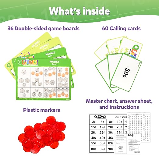 QUIZMO Money | Bingo-Style Money Game | 2 Levels of Difficulty for Ages 7-12 | Teach Basic Coin Recognition and Valuation