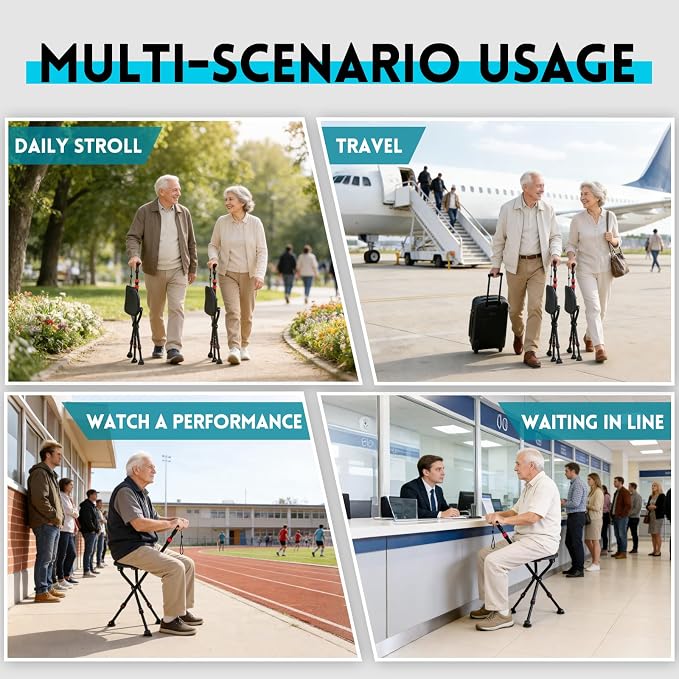 300-Pound Capacity Folding Cane with Seat, Adjustable Seat & Cane Height, Portable, Non-Slip Pads, Suitable for Middle-Aged & Senior Users, Daily Walking, Waiting in Line & Travel