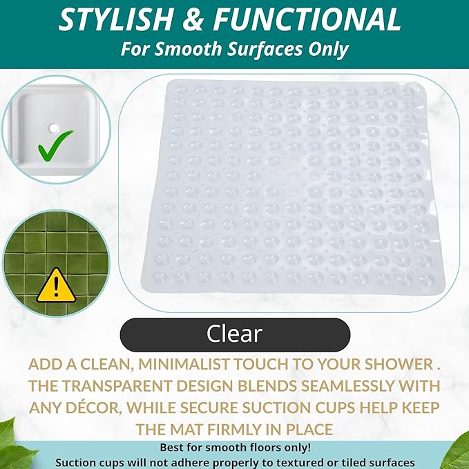 ENKOSI Square Shower Mat – 21 x 21 Inch Non-Slip Bathroom Shower Stall Mat with Suction Cups and Drain Holes – Anti-Slip Shower Mats for Inside Shower - Square Bathmat (21x21 Clear)