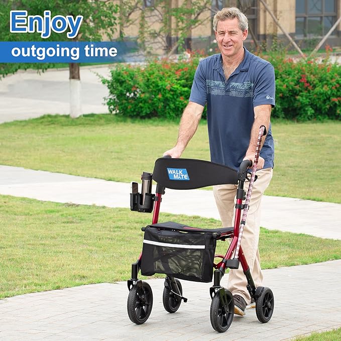 WALK MATE Rollator Walker for Seniors Taller 5.3~7ft with Height-Adjustable Seat, 10 Inch Wheels Wire-Hidden Walkers Compact Folding Design Lightweight Mobility Walking Aid Widen Backrest, Red