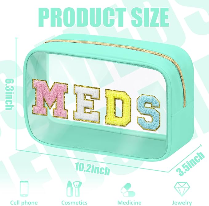 BuyCard Clear Meds Chenille Letter Bag, PVC Makeup Bag, Portable Preppy Patch Makeup Bag with Zipper, Cosmetic Toiletry Travel Storage Medicine Bag for Women Girls, Green