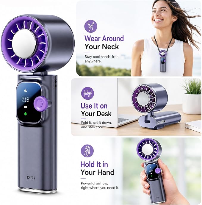 Portable Handheld Fan with Ice Cooling Personal Rechargeable Mini Neck Fan | 199-Speed 20000RPM 4000mAh Battery Powered up to 15hrs, LED Display Foldable & Hangable for Travel, Camping & Outdoor, Purple