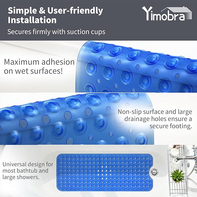 Yimobra Non Slip Bathtub Mat 40 x 16 Inch, Extra Long Shower Mat with Drain Holes, Machine Washable Baby Bath Mats, Strong Suction Cups for Bathroom Floor, Clear Navy Blue