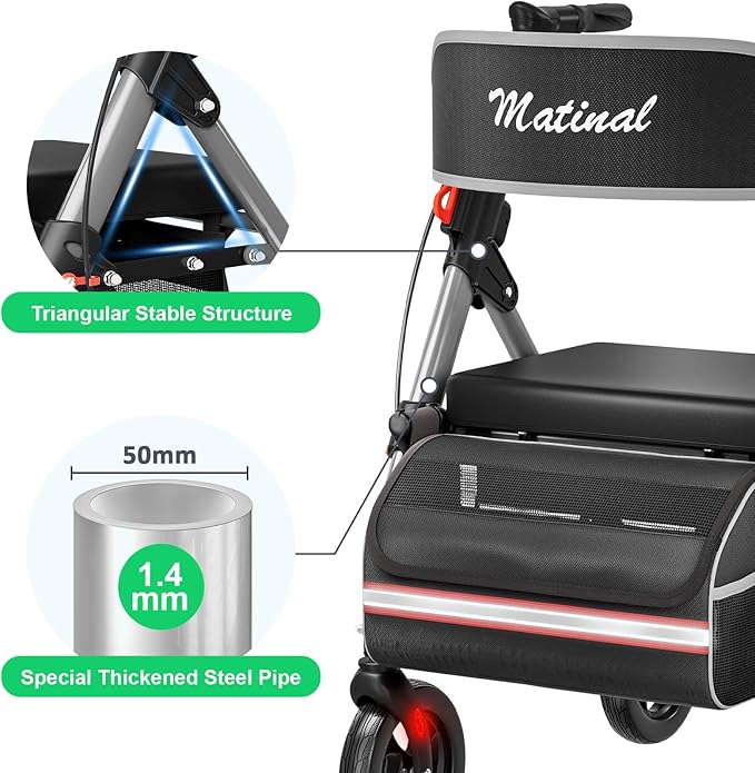 Walkers for Seniors, Rollator Walker with Seat, Walkers for Seniors with seat, 350 lb Capacity,with 8'' Big Wheels, Rolling Walker (Silver)