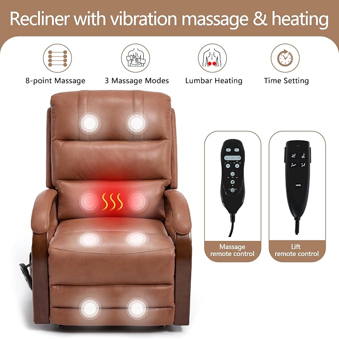 Power Lift Recliner Chair for Elderly People, Dual Motor Lift Chair with Vibration Massage and Heat, Lay Flat Recliner with Solid Wood Armrest, Standing Assistance Reclining, Faux Leather Yellow Brown