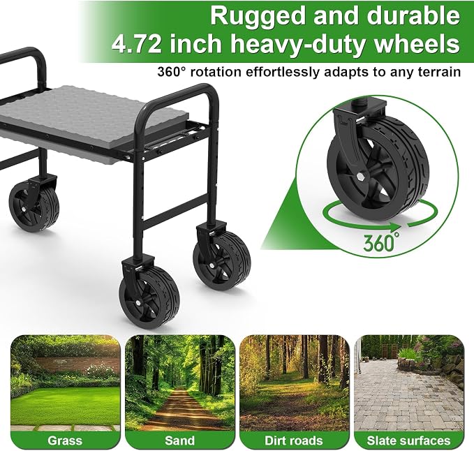 Garden Kneeler and Seat with 360° Wheels: 3-in-1 Rolling Gardning Stool | Foldable Garden Seat with Extendable Legs - Thick Pad and Tool Pouches - Heavy Duty Gardening Bench for Seniors