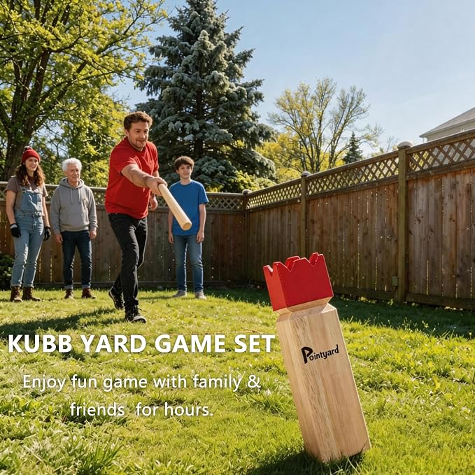 Kubb Yard Game Set Viking Chess Outdoor Hevea Hardwood Toss Game for Adults & Families - with 10 Blocks, 6 Batons, Carrying Bag | Perfect for Backyard Lawn Beach Party BBQ Camping
