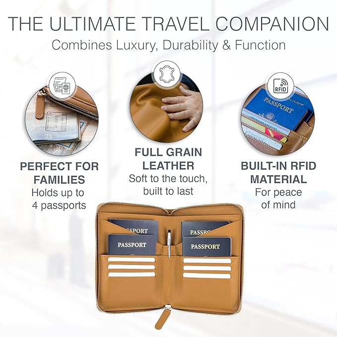 Full Grain Leather Family Passport Holder for 4 Passports - RFID Passport Holder and Travel Document Organizer - Large Leather Travel Wallet for Families - Camel