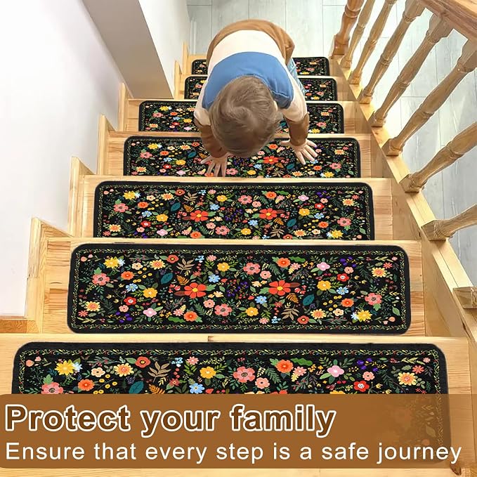 Floral Stair Treads for Wooden Steps Non-Slip 8"X30" 15PCS Flower Stair Carpet Rubber Backing Stair Runner Reusable Stair Rugs Indoor Safety Stair Mats for Elders Kids Dogs Black