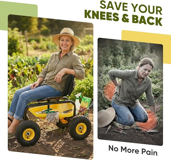 Sekey Garden Cart Rolling Workseat with Backsupport & 360° Swivel Seat, Heavy Duty Garden Scooter with Adjustable Height, Tool Tray, All-Terrain Wheels, 440 lbs Capacity for Seniors & Gardeners