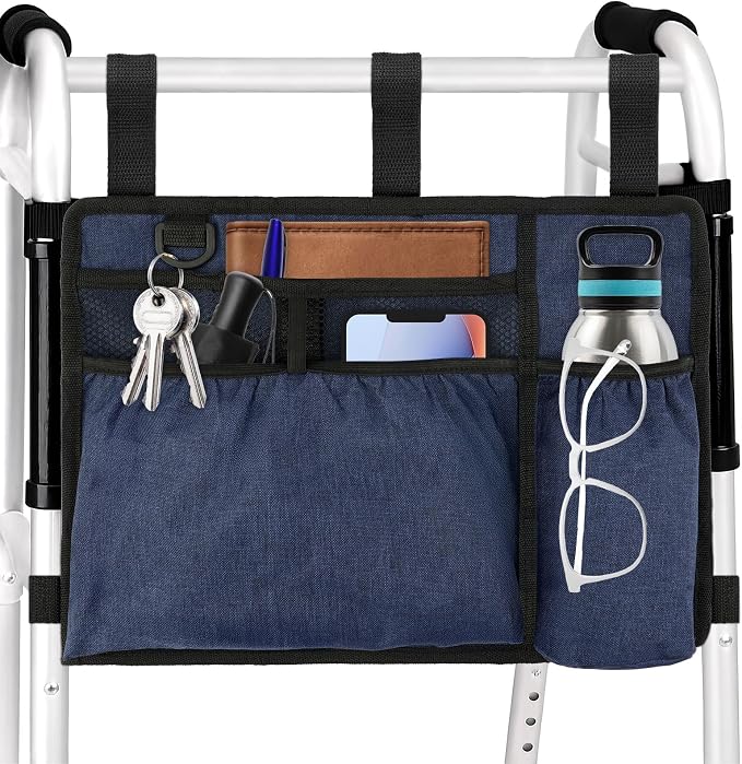 Walker Bag Basket with Cup Holder for Folding Walker Accessories | Walker Bag Carry Storage Pouch Water-Resistant for Seniors, Elderly, Handicap