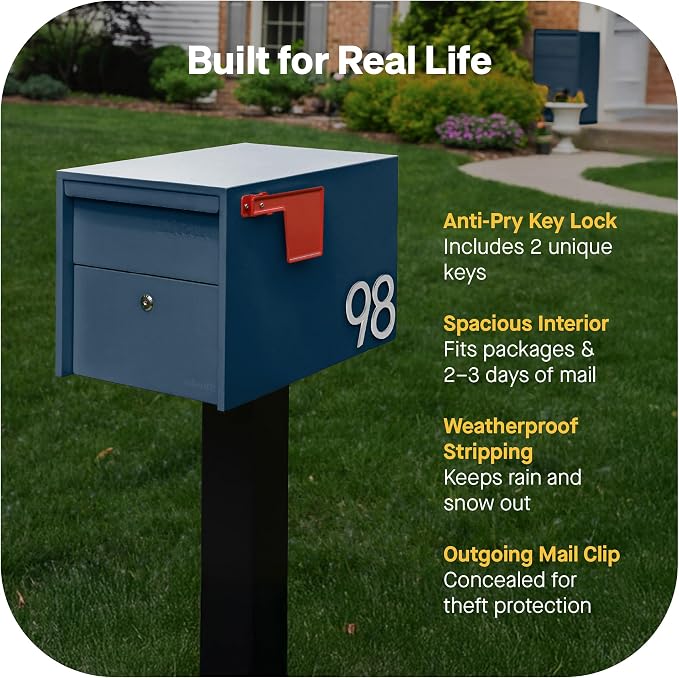 Adoorn Lockable Post Mount Mailboxes for Outside - Small Anti-Theft Locking Mailbox for Packages and Letters - Weatherproof Construction - Durable Steel - 12" H x 12" W x 18.5" D - Navy