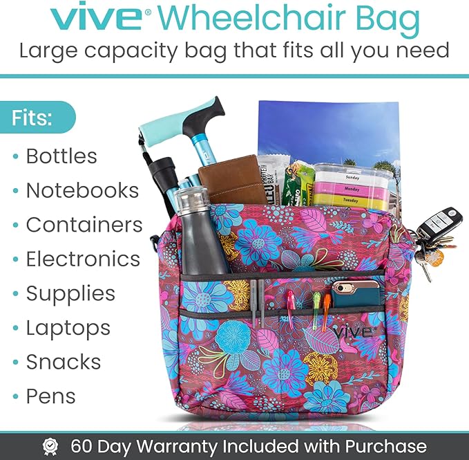 Vive Wheelchair Bag - Machine Washable, Double-Stitched, Water-Resistant Accessory Backpack for Rollators, Wheel Chairs, Walkers - Pouch with XL Pockets & Straps for Quick Installation
