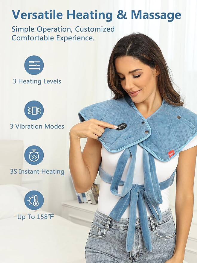 Heating Pad for Neck and Shoulders and Back with Battery,Portable Heated Pad with Vibration Massager and 3 Heating Modes,Weighted Electric Heat Pad,16.9'' x 23.6'' (Sky Blue)