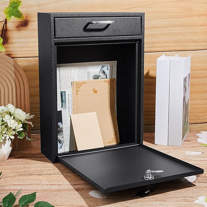 Yaocom Large Locking Mailbox with Key for Outdoor 16.2 x 11.2 x 4.7 Inches Large Wall Mount Mail Box with Lock Security Mail Drop Metal Collection Boxes Hanging Secure Postbox(Black)
