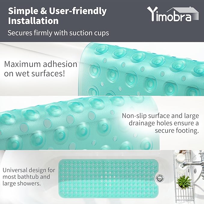 Yimobra Non Slip Bathtub Mat 40 x 16 Inch, Extra Long Shower Mat with Drain Holes, Machine Washable Baby Bath Mats, Strong Suction Cups for Bathroom Floor, Clear Green
