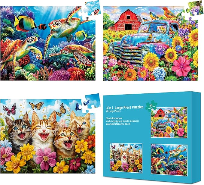 3 Packs 48 Large Piece Puzzle for Seniors,Dementia Alzheimer's Products Activities for Elderly Adults,Alzheimer’s Puzzle Memory Cognitive Games Easy Jigsaw Puzzle Gifts（Cats）