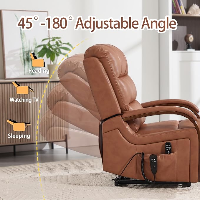 Power Lift Recliner Chair for Elderly People, Dual Motor Lift Chair with Vibration Massage and Heat, Lay Flat Recliner with Solid Wood Armrest, Standing Assistance Reclining, Faux Leather Yellow Brown