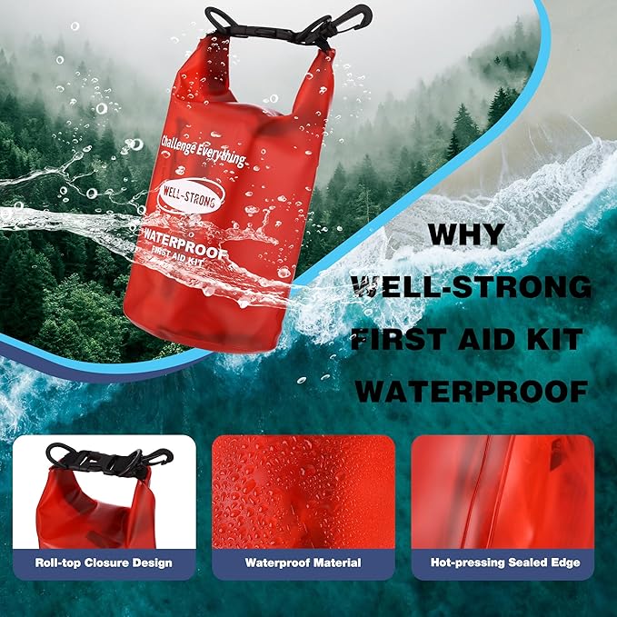 WELL-STRONG Dual Waterproof Boat First Aid Kit, Emergency Marine Kit with Buckles, Compact Boat Safety Accessories for Fishing Kayaking Boating Swimming Camping Rafting Beach Transparent Red