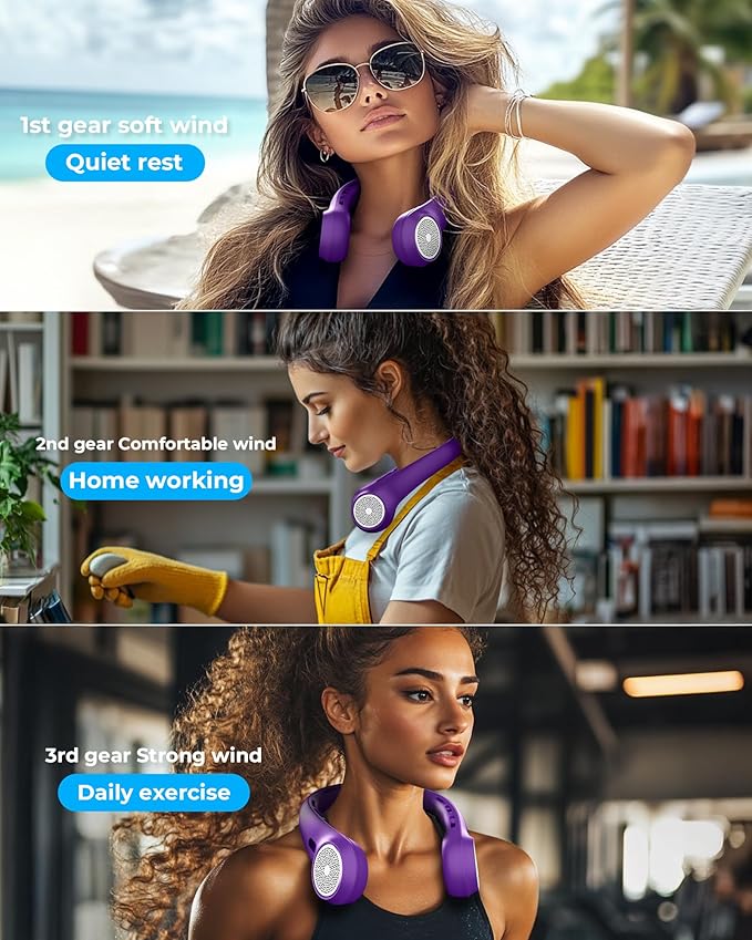 Portable Neck Fan with 4000mAh Rechargeable Battery & LED Display, Personal Cooler for Women/Men, 3-Speed Bladeless 360° Cooling Fans, Stylish Gift for Gym/Travel/Office,Purple