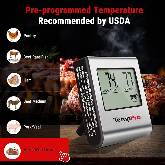 TempPro TempTrack Large LCD Digital Meat Thermometer for Cooking | Kitchen Food Thermometer With Clock Timer, Stainless Steel Temperature Probe for Oven Smoker BBQ Grill(Previously ThermoPro)