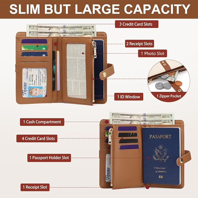 Small Wallet Women RFID Blocking Vegan Leather Slim Thin Bifold Credit Card Wallet Passport Holder Ladies Travel Wallet Mini Purse with Zipper Pocket