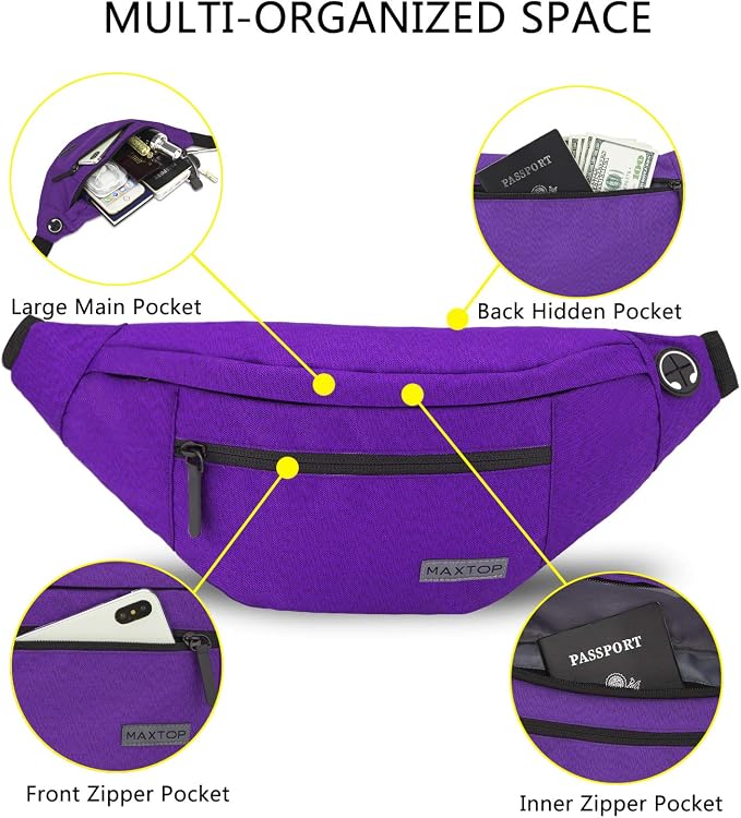 MAXTOP Large Purple Fanny Pack Sling Bag,Gifts for Enjoy Sports Hiking | 4-Zipper Pockets,Polyester,Hands-Free Wallets Shoulder Phone Bag Carrying All Phones