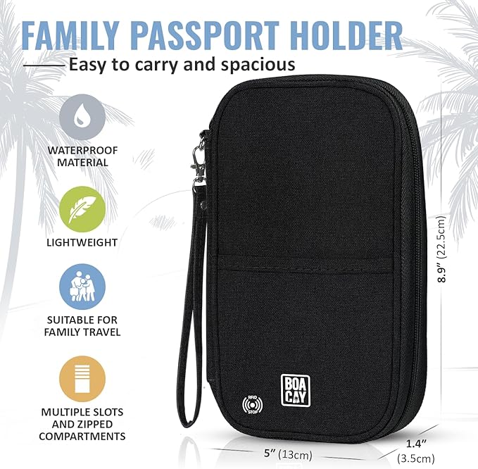 Travel Document Organizer with RFID, Family Passport Holder, Wallet for Women & Men, Portable & Waterproof Case for Cards, Boarding Pass, Money