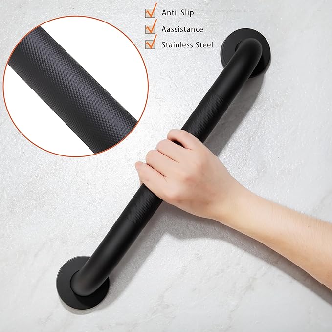 Shower Grab Bar, 2 Pack 24 Inch Black Bathroom Grab Bar, 1.25" Diameter 304 Stainless Steel Anti-Slip Grab Bars for Bathtubs and Showers, Handicap Shower Grab Bar for Seniors Elderly