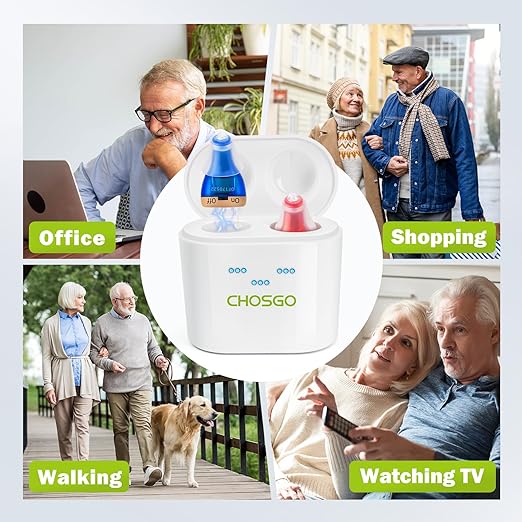 CHOSGO OTC Rechargeable Hearing Aids for Seniors, 12-Channel Digital Hearing Amplifiers with Noise Cancellation, Invisible CIC Design with Anti-Misoperation Volume Control, Red Blue