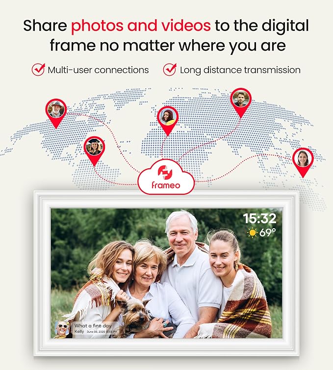 BIGASUO 15.6" Digital Picture Frame, 64GB WiFi Digital Frame Frameo with 1920x1080 FHD IPS Touch Screen, Share Photos Videos via Frameo App, Support SD/USB Drive, Best Gifts for Parents/Grandparents