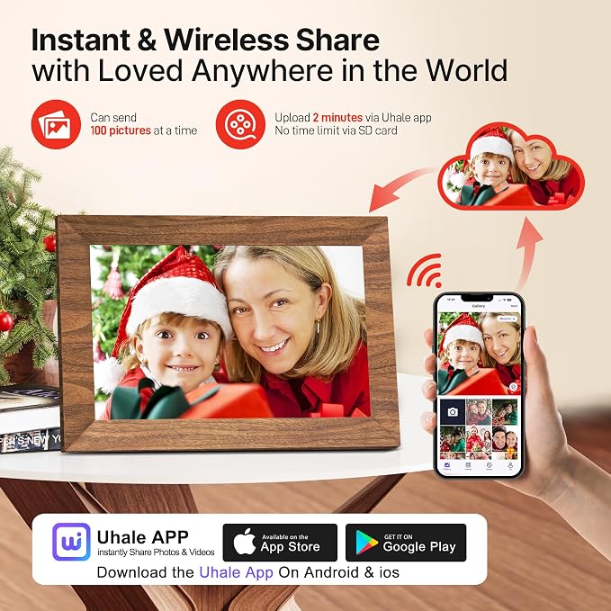 Uhale Digital Picture Frame 32GB Storage 10.1 Inch Wood WiFi Electronic Photo Frames SD Card Slot IPS Touch Screen HD Display Auto Rotate Slideshow Share Videos Photos Instantly Send Wishes Remotely