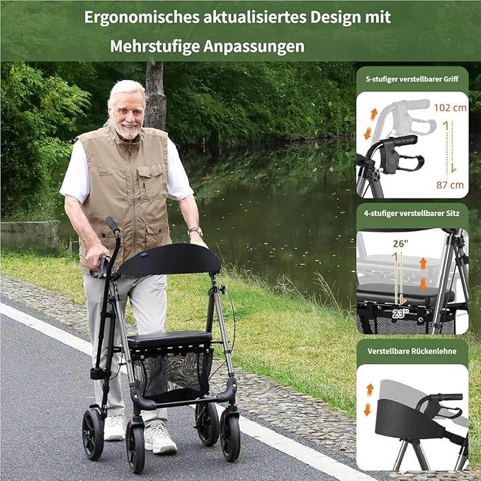 WALK MATE Walkers for Seniors, 4 x10 Inch Big Wheels Rollator Walker with Seat 350lb Weight Capacity Foldable All Terrain Rolling Walker, Lightweight Mobility Aid with Adjustable Height, Grey