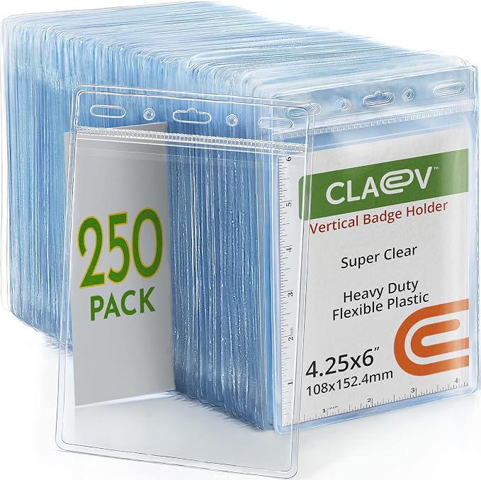 Claev Flexible and Tear Resistant Vertical 4x6 Passport & Card Holders (4x6 Extra Large (XXL), 250 Pack), Clear Zipperless ID Plastic Name Card Badge Holders for Travel, Conferences, Conventions | Bulk clear waterproof ID badge holders, fits 4 x 6 inse...