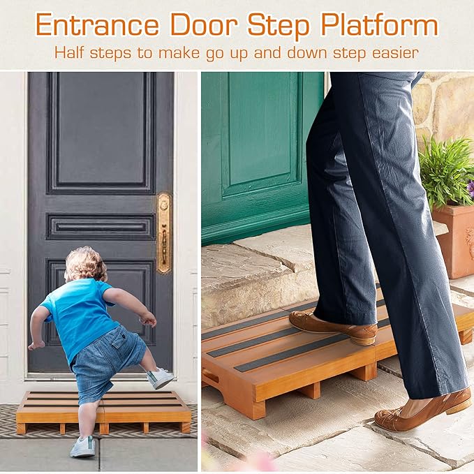 Wooden Step Stool, 3.5" One Step Non-Slip Outdoor Platform, Heavy Duty Mobility Half Steps for Seniors Adults With Bad Knee, No Assembly Required