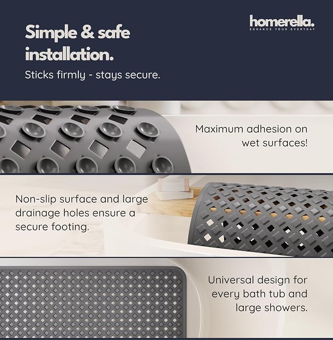 Bathtub Mat Non Slip 28x16 - homerella® Bath Mat Incl. Hooks for Drying, 100% BPA Free, Shower Mat Non Slip Anti Mold, Machine Washable, Shower Mats for Inside Shower Mildew Resistant (Dark Grey)