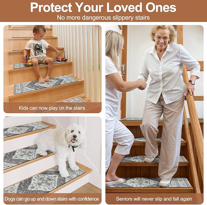 OJIA Stair Treads for Wooden Steps Non-Slip Landing Mat Stair Rug 31"X31" | Rubber Backing Stair Runner Matching Mat Safety Rugs for Family, Absorbent Washable Gray Carpet for Stairs