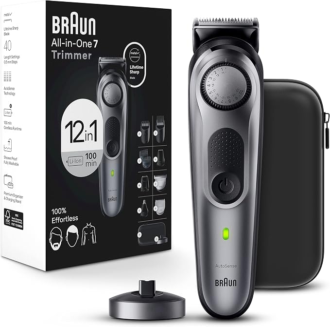 Braun All-in-One Men's Shaving Kit Series 7 7440, 12-in-1 Beard, Face, Nose, Ear Trimmer, Hair Clippers, Body Groomer and Manscaping + Travel Case + Charging Stand