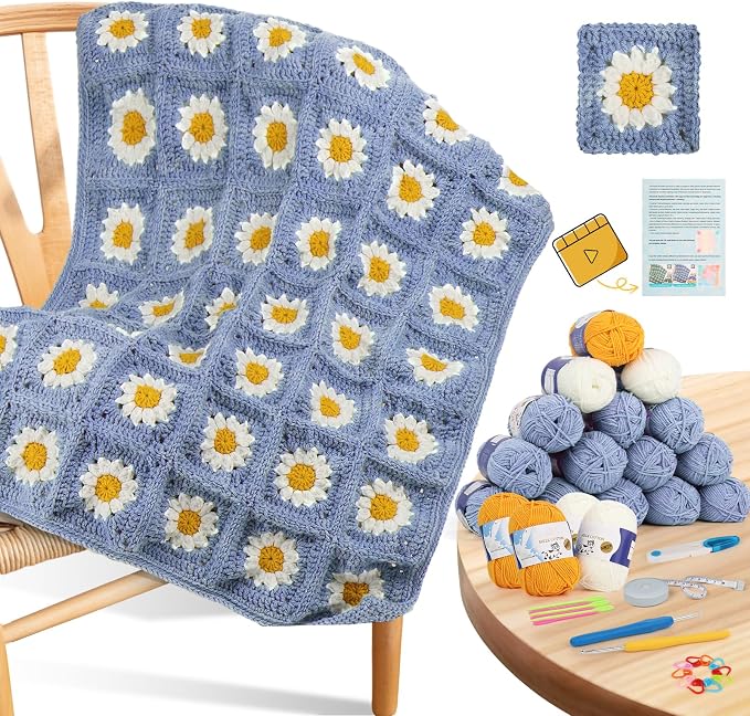 Coopay Crochet Kit for Beginners, Granny Square Blanket Kit, Blue-Purple | Crochet Kit W/Video Tutorial & Digital Instructions, All Accessories Included, Easy Knitting to Create Granny Square Blanket