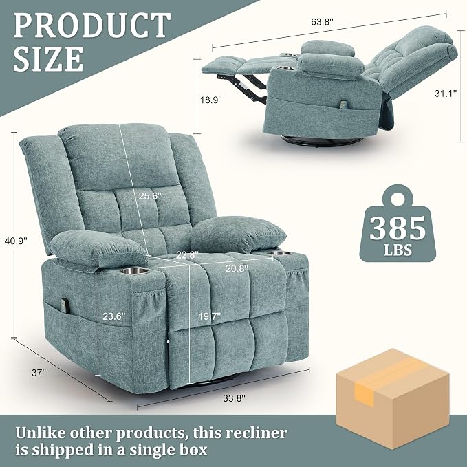 Korser Adult 360° Swivel Rocking Recliner, Nursery Rocking Chair with Massage and Heating Function, Cup Holder, Manually Adjustable Seat for Living Room and Bedroom (Fabric, Lake Blue)