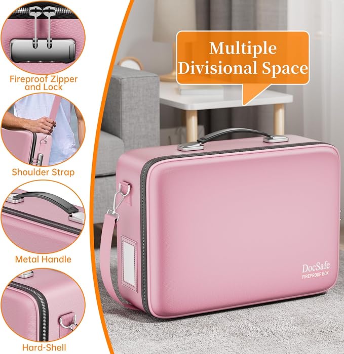 DocSafe Fireproof Document Box Hard Case with Lock ＆ Accordion File Folder | Fire and Water Resistant Safe Box,File Organizer,Multi-Pocket,Home Office Travel Storage for Important Document,Laptop,Pink