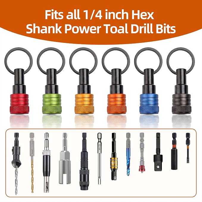 Bit Holder Keychain 12 Pcs, 1/4-Inch Hex Shank, Quick Release, Multi | Aluminum Alloy, Impact Drivers, Drill Bits, Tool Belt Use, Carabiner Clip, One-Handed Operation, Ball Lock, Compact Organizer