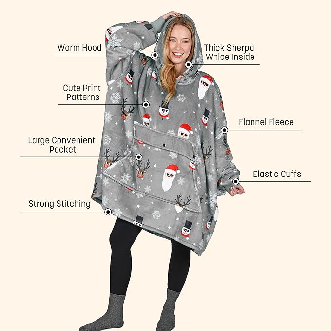 Catalonia Oversized Blanket Hoodie Sweatshirt, Wearable Sherpa Lounging Pullover for Adults Women Men